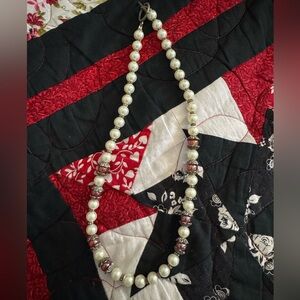 Elegant Pearl, Red, and Silver Necklace